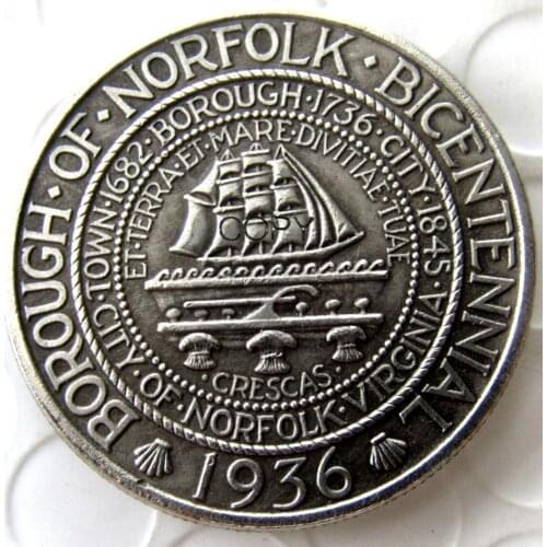 USA 1936 NORFOLK Commemorative Half Dollar Silver Plated Copy Coin