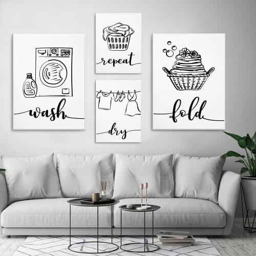 Wash Dry Fold Repeat Laundry Sign Black White Wall Art Print Canvas Painting Nordic Poster And Print Wall Pictures Utility Room