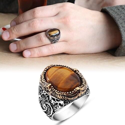 Tesbihane Vav Embroidered Tiger 'S Eye Gemstone 925 Sterling Silver Men 'S Ring