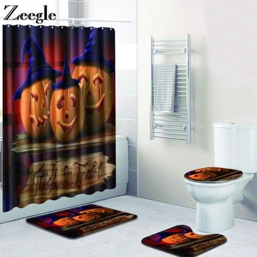 Zeegle Halloween Bath Mat Set with Shower Curtain Absorbent Toilet Pedestal Rug Foot Mat Anti Slip Bathroom Doormat Toilet Set