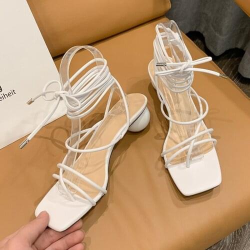 2021 New Strange Heel Summer Women Sandals Vintage Square Toe Ball Heel Thong Sandals White Black Cross-Strap Ladies Shoes Size