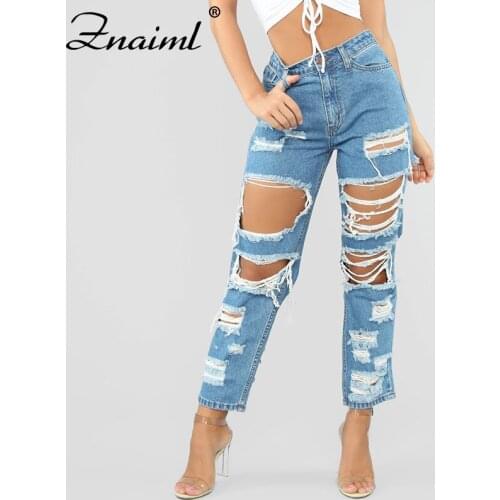 Znaiml Fashion Jeans Hole Vintage Ripped Jeans For Women Full Pant With Holes High Waist Lady Hip Pop Female Fashion Streetwear