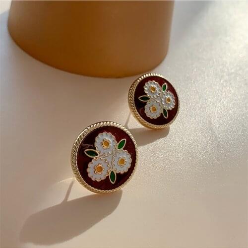 YAOLOGE For Women Brown Round Enamel Stud Earrings Geometric Flower Alloy Earrings 2021 Trend New Party Fashion Jewelry Brincos