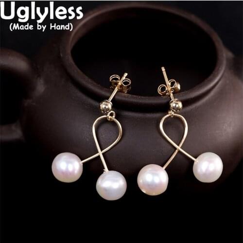 Uglyless Anti Fade Real 14K Filled Gold=9K Gold Earrings for Women Natural Pearls Studs Earrings Cross Gold Brincos Gold Jewelry
