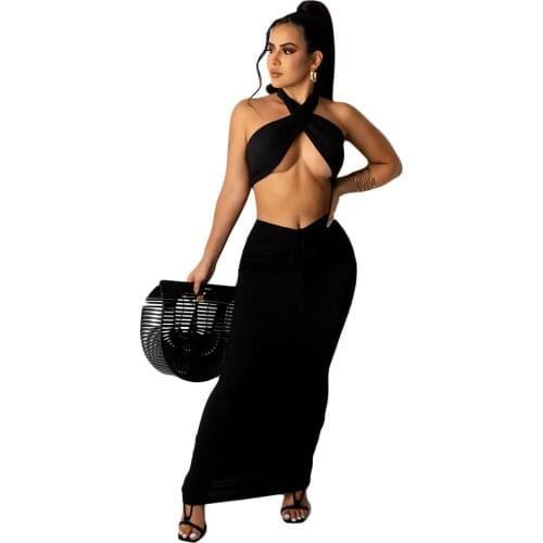 New Fashion Sexy 2 Pieces Sets Women Outfits Cross Crop Top And Sheath Midi Long Evening Party Dress Holiday Birthday Outfits