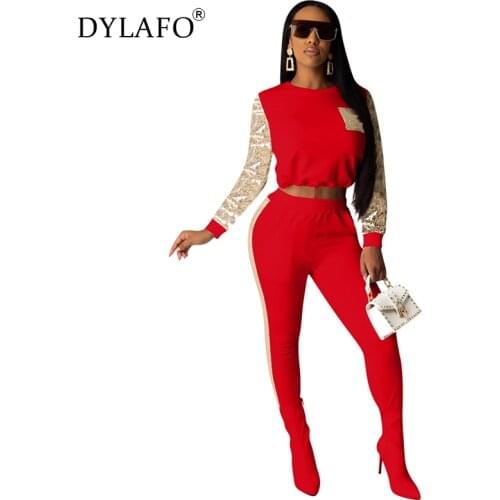 Fashion Sequins Patchwork Women Tracksuit Long Sleeve Pullover Sweatshirt Crop Top and Pencil Pants Casual Two Piece Set Outfits
