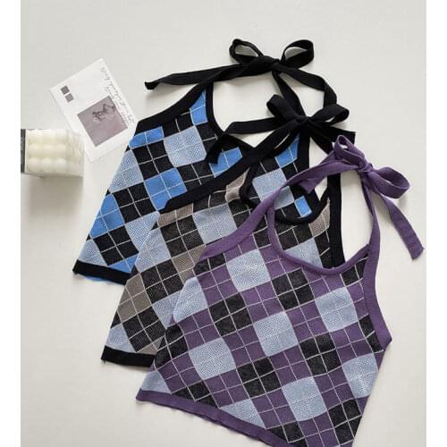 Womens Clothing Summer 2021 Vintage Argyle Halter Top Spaghetti Strap Y2k Sleeveless Crop Top Knitwear Cami Camisole Aesthetic