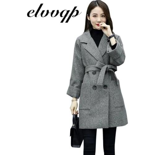 Women Wool Blend Coat 2021 New Autumn Winter Korean Double Breasted Warm Long Woolen Cashmere Outerwear Female With Belt NZ153