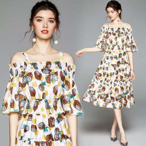 Coconut Print Rushed Dresses for Women Slash Neck Flare Sleeve Bohemian Strap Sexy Dress Women Boho A-LINE Mid-Calf Dress 2021