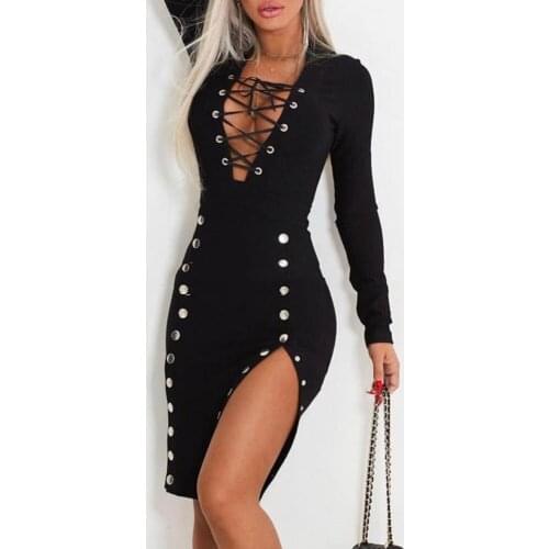 Love Aing Womens Long Sleeve Black Skinny V-neck Drawstring Rivet Design Dress 2020 New Fashion Runway Dress