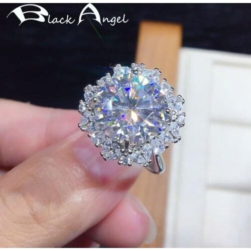 BLACK ANGEL 5 Carats Silver Ladies Rings Large Flower White Zircon Gemstone Resizable Ring For Women Fine Jewelry Wedding Gift