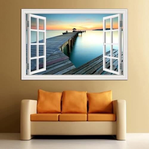 3D Window View Stickers Sunset Seaside Wall Sticker Landscape Wallpaper Wall Art poster For Living Room decor wallpaper