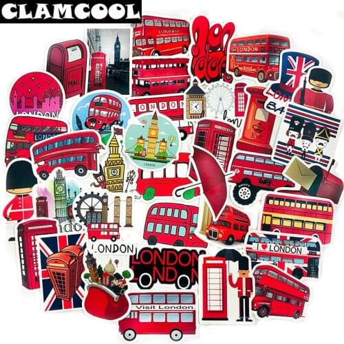 50Pcs Red Bus Phone Booth Travel Childrens Sticker Scrapbookingfor Skateboard Guitar Toy Luggage Laptop Suitcase Sticker