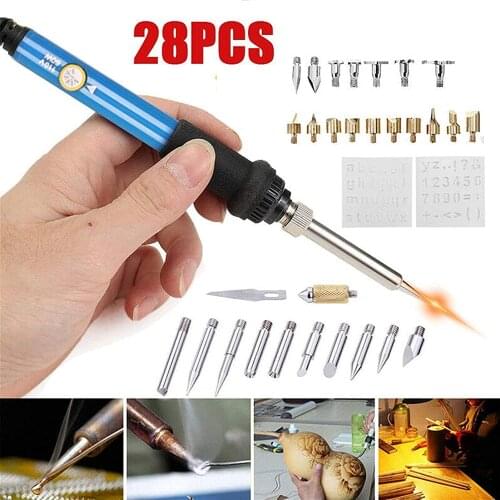 60W 220V 28Pcs Electric Soldering Iron Temp Adjust Wood Embossing Burning Carving Pyrography Engrave Cautery Tool Kit Solder Tip