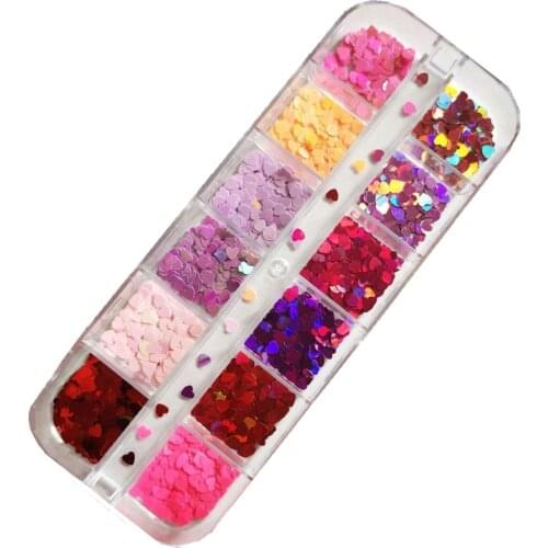 12 Grids/box Laser Love Heart Butterfly Nail Sequins Mixed Color Sparkle Glitter Flakes 3D Nail Art Decorations Accessories