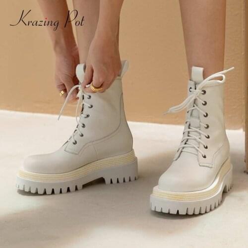 Krazing pot 2020 winter boots real leather all-match platform high square heel round toe lace up neutral cozy ankle boots L72