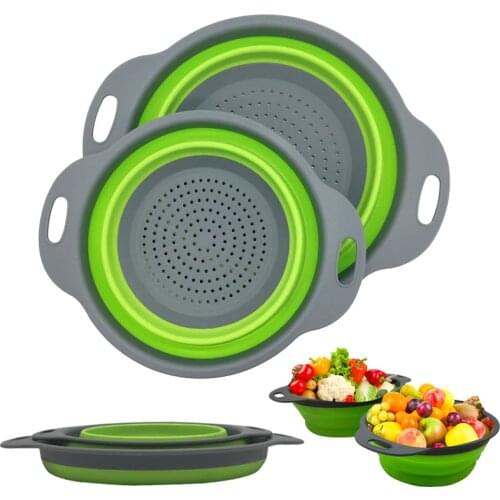 2 Pcs Collapsible Silicone Colander Foldable Drain Strainer Basket Fruit Vegetable Washing Basket Strainer with Handle Kitchen