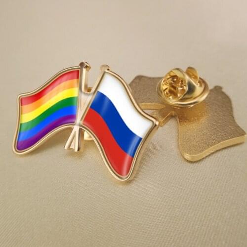 Russian Federation and LGBT Rainbow Gay Pride Crossed Double Friendship Flags Lapel Pins Brooch Badges