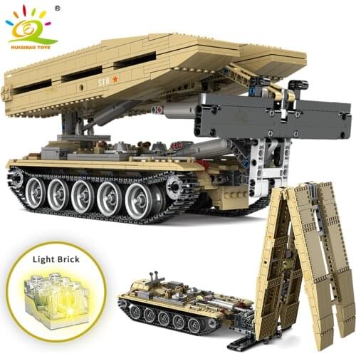 HUIQIBAO 1151pcs Military Armoured Vehicle Launched Bridge Tank Building Blocks Army Soldier WW2 Weapon Brick Toys for Children