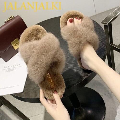 JALANJALKI Fashion Ladies Winter Home Slippers Soft Faux Fur Worm Flat Shoes Femal Indoor Slippers Non-slip PVC Sole Flip-flip