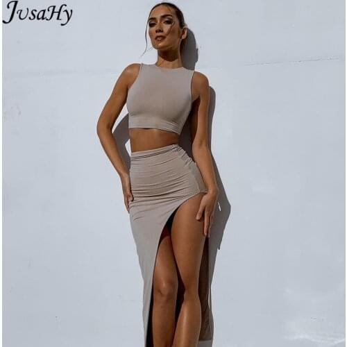 JusaHy Fashion Elegant Solid Color 2 Two Pieces Set Crop Top + Sexy High Waist Side Slit Long Skirt Casual Street Style 2021