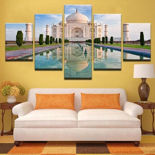 Taj Mahal Reflection View Painting 5 Piece White Building Poster Canvas Print Picture Modern Art Wall Home Decor For Living Room