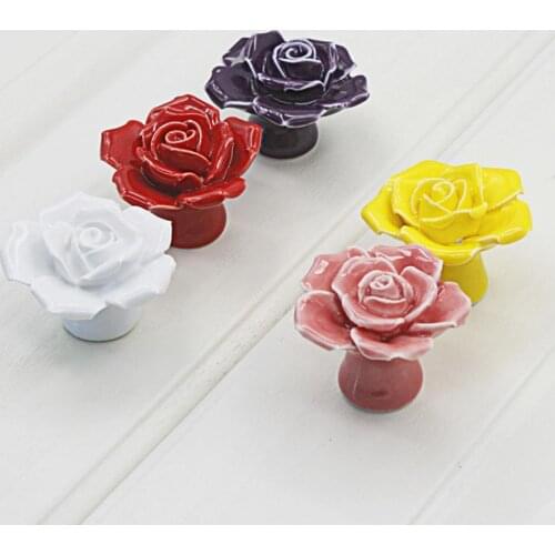 Rose Flower Ceramic Cabinet Wardrobe Drawer Cupboard Pull Knob Furniture Handle