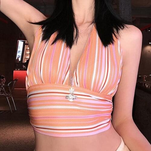 Summer Women Halter Crop Tank Tops Adults Ladies Sexy Sleeveless Tie Up Striped V-Neck Tops Pink Blue