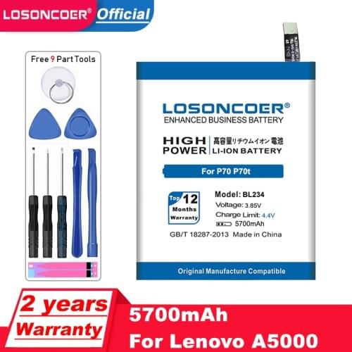 LOSONCOER 5700mAh BL234 Battery For Original Lenovo A5000 Vibe P1M P1MA40 P70 P70t P70-T P70A P70-A Battery