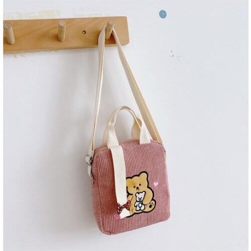 Fashion Corduroy Children Crossbody Bags Cartoon Kids Tote Bags Cute Toddler Shoulder Bags Bear Pink Handbag for Baby Girls Boy