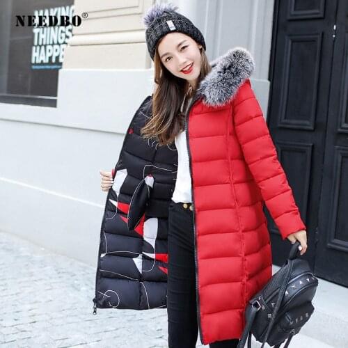 NEEDBO Reversible Jacket Woman Down Coat Women Long Down Jacket Women Winter with Fur Hooded Two side Winter Coat Warm Plus Size