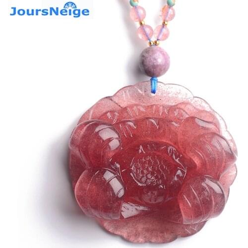 Fine Red Strawberry Natural Crystal Pendants Hand Carved Rich Peony Flower Beads Sweater Chain Necklace Lucky for Women Jewelry