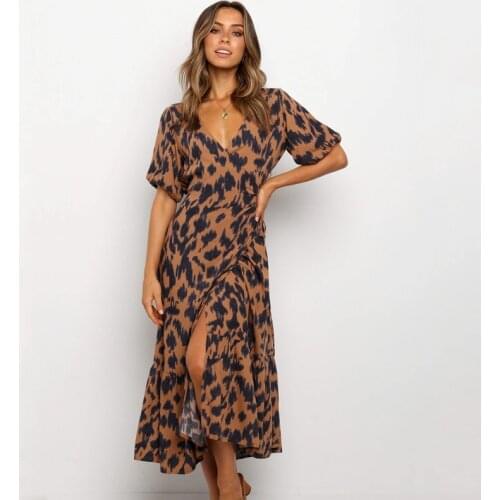 Fashion V Neck Lantern Sleeve Holiday Style Beach Summer Dress Wrap Lace Up Ruffled Women Dress Leopard Print Midi Dress