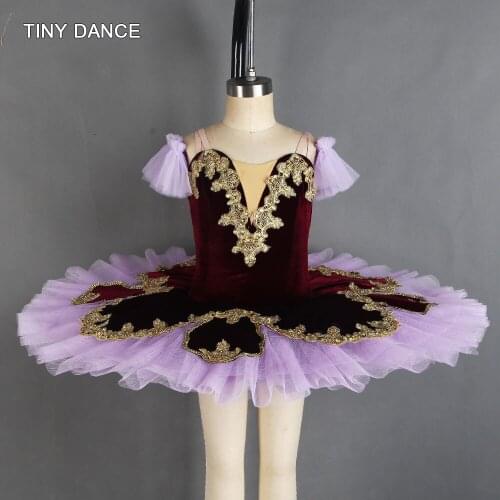 7 Layer Professional Ballet Dance Tutu Dark Purple Velvet Bodice with Gold Sequin Trim Ballerina Dress with Arm Bands BLL410-1