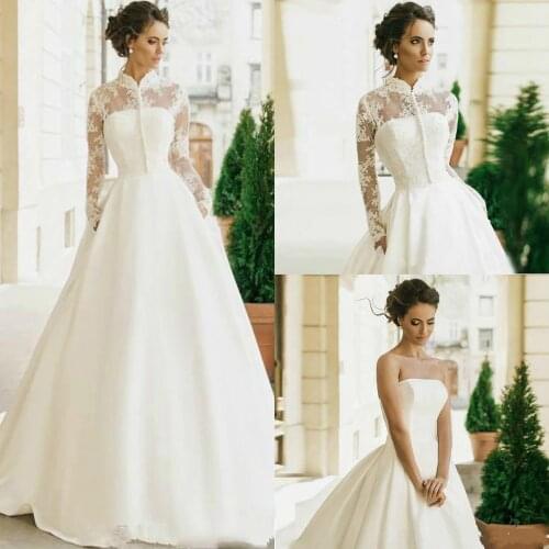 Modest Long sleeves Wedding dress 2020 For women High Neck Princesa Satin Wedding dress Vestido De Novia Robe Mariage Online