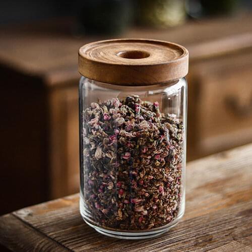 Glass Food Storage Container Airtight Storage Jar Wooden Lid Glass Jar Coffee Sugar Spice Food Container Kitchen Storage Bottle