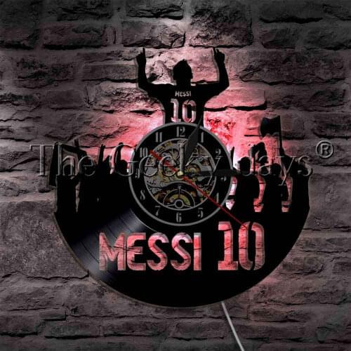 Celebrities Messi 10 Soccer Silhouette LED Light Vinyl Record Wall Clock Football Victory Cheers Wall LED Hanging Light