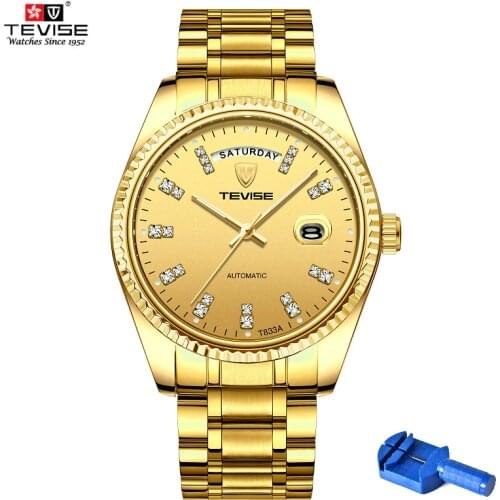 TEVISE Watch Men T833A Men Automatic Watch Rhinestone Scale Date Week Shockproof Waterproof Luminous Hands Mechanical Watch