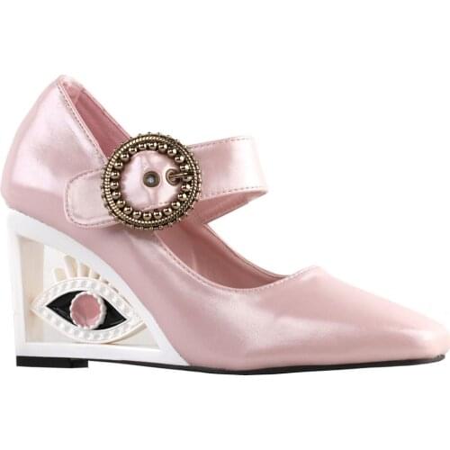LF10801 SHOW STORY Glittery Pink Buckle Mary-Jane Square-Toe Wedge Eye Shape Heels Pumps