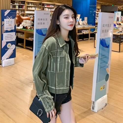 Vintage Tooling Pockets Bow Denim Jacket Female 2021 Autumn Korean Style Trendy Loose Short Jeans Jacket Women
