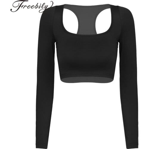 Women Ballet Dance Yoga Practice Crop Top Square Neck Long Sleeve Racerback Sport Back Hollow Out T-shirts Solid Casual Tops Tee