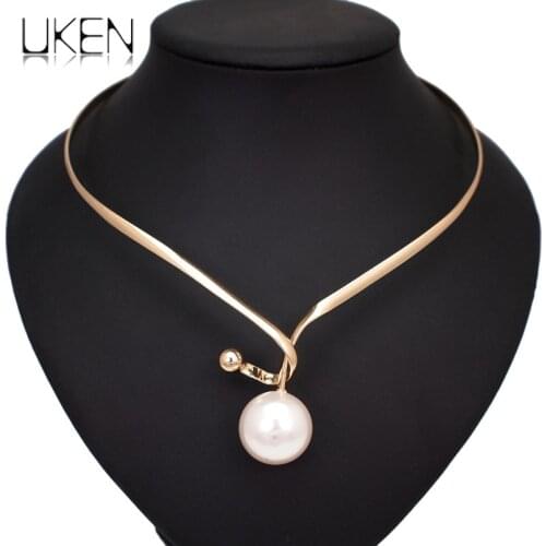 Simulated Pearl Alloy Torques Choker Necklaces Metal Statement Collar Necklace For Women Jewelry Accessories UKEN