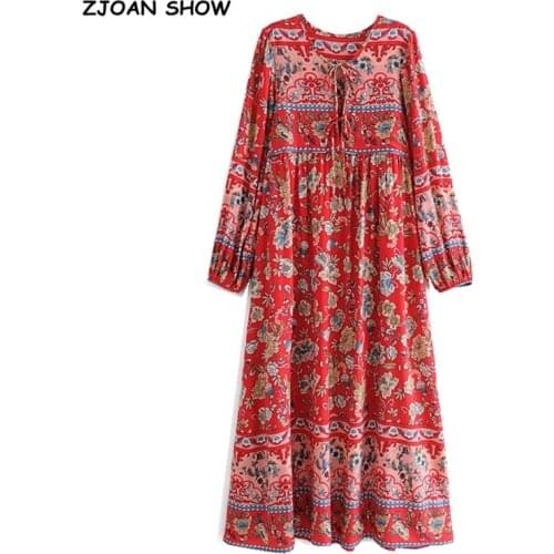 2021 Bohemia Bandage Lacing up Collar RED Floral Print Dress Ethnic Woman Hit Color Long Sleeve Maxi Long Holiday Dresses