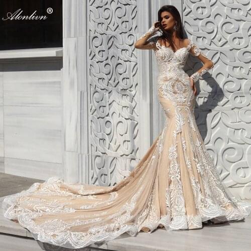 Alonlivn Elegant Lace Sweetheart Mermaid Wedding Gowns Illusion Back With Button Sleeveless Trumpet Bride Dresses