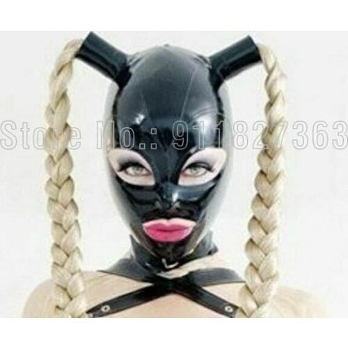 Free Shipping!! 100% Latex Mask Rubber Unisex Hood with Pigtails Rubber Fetish Mask Two Braid Wigs Latex Headgear Customized