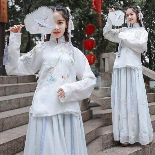 Free shipping Chun xia ancient chiffon dress traditional improved daily hanfu embroidery plate collar coat skirt waist veil