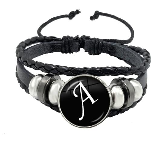 26 Letter A-Z Glass Snap Metal Bead Bracelet ID Name Friendship Black Braided Leather Bracelet femme Men Women Kids Family Gift