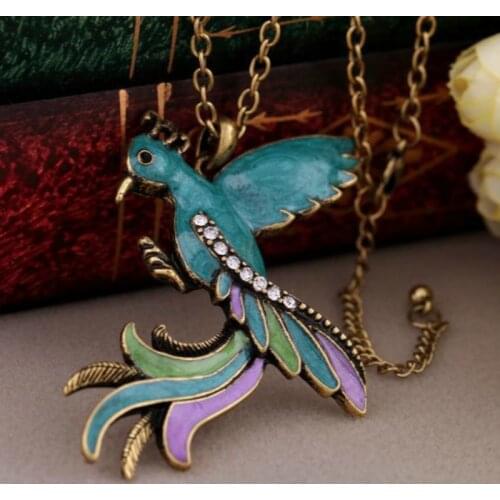 Brand Design Vintage Phoenix Enamel Pendant Necklace Glazed Crystal Peacock Bird Long Necklace Sweater Chain Women Jewelry