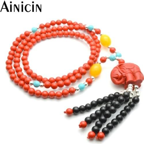 Natural Semi-precious Stone Red Cinnabar Elephant Pendant Black Tassel Fashion Women Sweater Chain Necklace