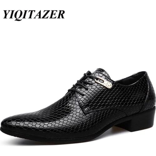 YIQITAZER 2018 Designer Snakeskin Fashion Casual Men Shoes Leather Black,Lace up Formal Dress evening Adult Man Shoes Size 6.5-9